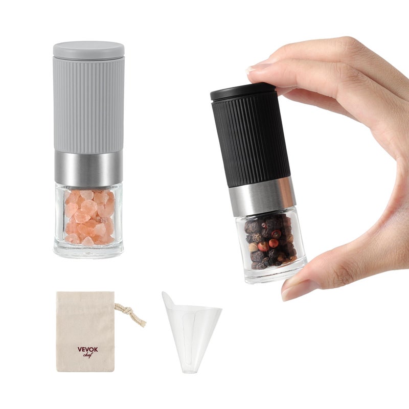 VEVOK CHEF Mini Salt and Pepper Grinder Set, Small Tiny Adjustable Coarseness Ceramic Salt Grinder with Funnel and Bag Portable Handy Spice Pepper Mill Shaker For Outdoor Party Lunch Bag Kitchen - Image 1